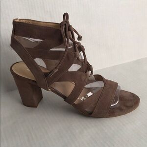Brenda Zaro Taupe Suede Strappy Bloch Heel Sandals Size 9
